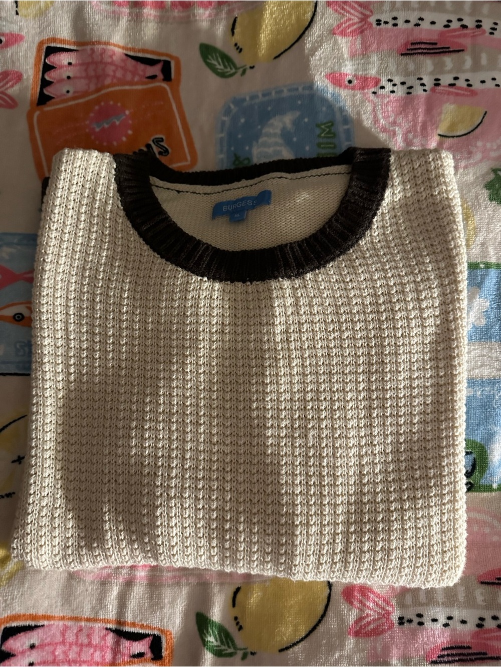 The Burgess Collection,  Newport RI.Women's Cream Cotton Sweater w/ Brown Trim